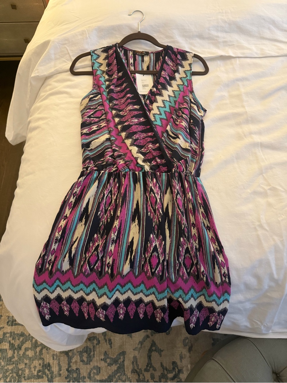 Renee C. Multicolor Aztec-Style V-Neck Dress in Purple, Teal & Navy